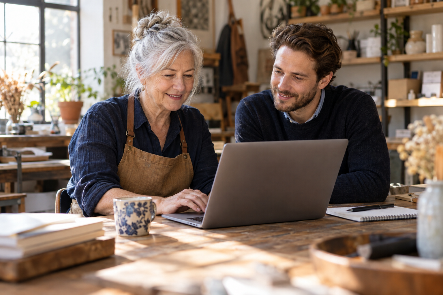 An illustrative scene of a business owner and adviser exploring a laptop together